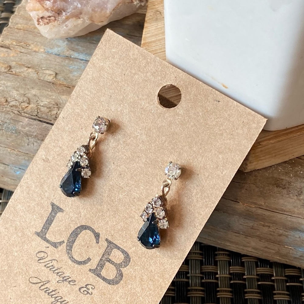 Vintage Birthstone September Sapphire Blue and Crystal Angel Drop Earrings